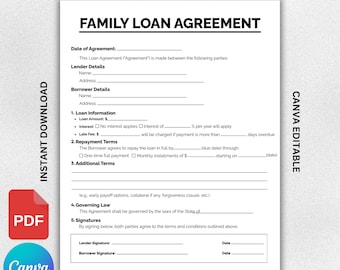 Accordo di prestito familiare di una pagina, Contratto di prestito familiare, Contratto familiare, Accordo di prestito, Contratto di accordo, Modulo di prestito familiare, Modello Canva