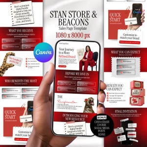 May include: A smartphone screen shows a red and white sales page template, labelled "STAN STORE & BEACONS." The design includes branding elements, benefits, and a call to action. The Canva logo is also visible.