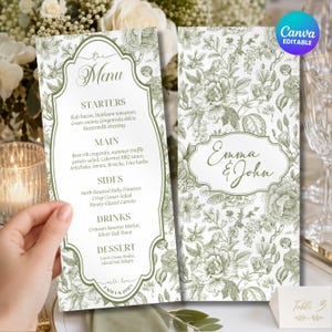 May include: A wedding menu card featuring a white background with a green botanical floral pattern. The menu lists starters, main, sides, drinks, and dessert. A separate card displays the names Emma & John in a decorative frame.