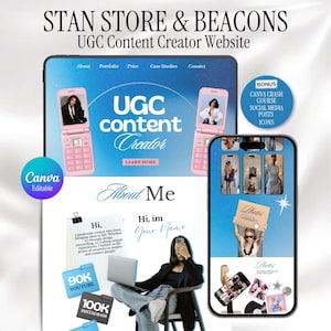 May include: A website design for a UGC content creator, featuring a tablet and smartphone mockup. The tablet displays a website with the text "UGC content Creator" and "About Me". The smartphone shows photos and social media icons. The image also includes the text "STAN STORE & BEACONS".