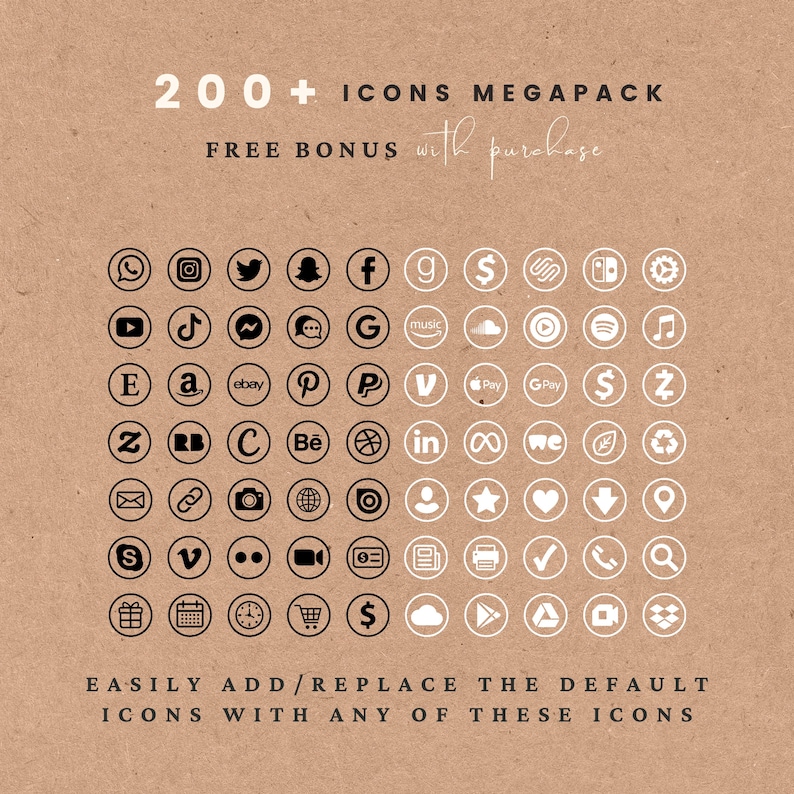 K&ouml;nnte beinhalten: Eine Sammlung von &uuml;ber 200 Icons auf einem beigefarbenen Hintergrund. Die wei&szlig;en und schwarzen Icons repr&auml;sentieren verschiedene Social-Media-Plattformen, Zahlungsmethoden und andere digitale Dienste. Der Text lautet "200+ Icons Megapack" und "Free Bonus with purchase."