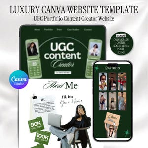 Può includere: Un modello di sito web Canva di lusso per un creatore di contenuti UGC. Il design presenta una combinazione di colori verde scuro con testo che include LUXURY CANVA WEBSITE TEMPLATE, UGC content Creator, About Me e Hi, im Your Name. Include icone, post sui social media e un corso intensivo Canva in omaggio.