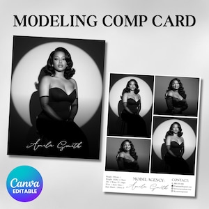 May include: Black and white modeling comp card with the text "MODELING COMP CARD" at the top. The card features a headshot and several smaller photos of a woman in a black dress. The name "Amila Smith" is written on the card.