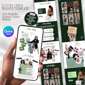 Può includere: Un modello di sito web digitale per Canva con uno schema di colori verde scuro e bianco. Il layout include sezioni per About Me, Portfolio, Pricing Plan e Case Studies, con segnaposto per foto, icone dei social media e testo.