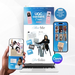 Può includere: Un modello di portfolio di marketing digitale visualizzato su un computer portatile e due smartphone. Il design presenta sfumature blu, telefoni a conchiglia rosa, icone dei social media e testo tra cui UGC content creator, About Me e Portfolio. Include elementi modificabili Canva.