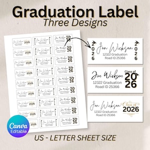 May include: White graduation label sheet with three design options. The labels feature the name "Jon Wickson", the year "2026", and address information. The text "Graduation Label" and "Three Designs" are at the top. The sheet is US Letter size.