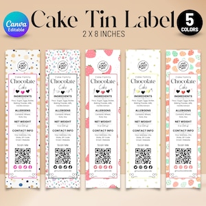 May include: Cake tin labels, each 5 x 20 cm, in five colours. The labels display "Cake Family Chocolate Cake", ingredients, allergen information, a QR code, and a space for a logo.