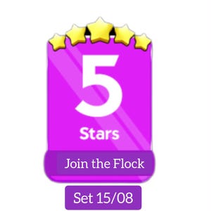 May include: A rectangular purple graphic featuring a large white number 5 and the word Stars below it. Five yellow stars are arranged in an arc at the top. Below, a purple banner contains the text Join the Flock, followed by a label reading Set 15/08.