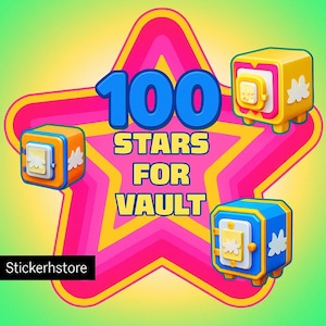 May include: A vibrant graphic featuring the text "100 STARS FOR VAULT" in blue and yellow, set against a pink starburst. Four colorful, cube-shaped vaults in orange, yellow, and blue are scattered around the star. Each vault has a door and flower details.