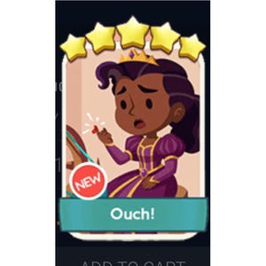 May include: A cartoon illustration of a princess wearing a purple dress and a gold crown. The princess is looking at a red object with a shocked expression. The word "Ouch!" is displayed in a blue banner.