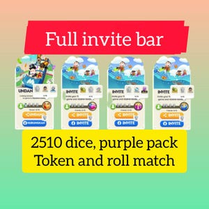 Puede incluir: Una interfaz digital con cuatro barras de invitación de juego verticales, personajes de dibujos animados, gráficos de agua azul y rastreadores de progreso. Texto: Full invite bar, 2510 dice, purple pack, Token and roll match, INVITE y HUBUNGKAN.