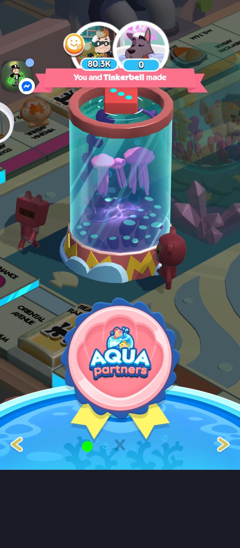 May include: A digital game interface featuring a cylindrical aquarium with pink jellyfish, a red die on top, and two small brown figures. A circular pink badge with a scalloped blue border displays the text Aqua partners with a fish icon.