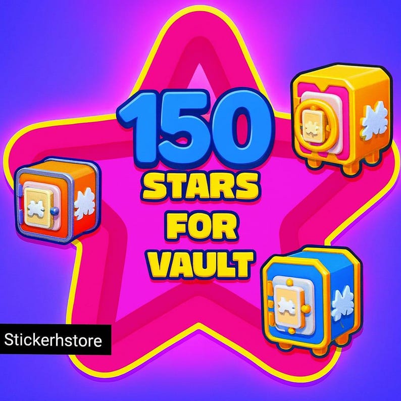 Op de afbeelding: Een afbeelding met een roze ster en de tekst "150 STARS FOR VAULT" in blauw en geel. Drie kleurrijke kluisdozen worden getoond, elk met een ander kleurenschema. Het Stickerhstore-logo staat linksonder.