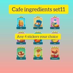 May include: A digital collection of nine Cafe ingredients set11 stickers featuring illustrations of flour, eggs, dairy, cheese, veggies, fruits, nuts, honey, and special spice. The image includes the text Cafe ingredients set11 and Any 4 stickers your choice.