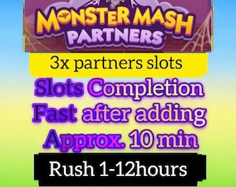 Pode incluir: Um gráfico digital para Monster Mash Partners com o texto 3x partners slots, Slots Completion, Fast after adding, Approx. 10 min e Rush 1-12hours. O design inclui um ícone de lobo e gráficos de teias de aranha.