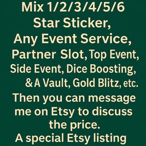 Pode incluir: Fundo verde escuro com texto branco. O texto diz: "Se precisar de Mix 1/2/3/4/5/6 Star Sticker, Any Event Service... Ent&atilde;o pode enviar-me uma mensagem no Etsy para discutir o pre&ccedil;o."