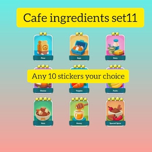 以下が含まれることがあります： Cafe ingredients set11およびAny 10 stickers your choiceとラベル付けされた9つのカフェ食材ステッカーのデジタルコレクション。ステッカーには、小麦粉、卵、乳製品、チーズ、野菜、果物、ナッツ、蜂蜜、スパイスのイラストが描かれています。