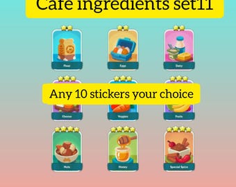May include: A digital collection of nine cafe ingredient stickers labeled Cafe ingredients set11 and Any 10 stickers your choice. The stickers feature illustrations of flour, eggs, dairy, cheese, veggies, fruits, nuts, honey, and special spice.