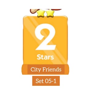 Op de afbeelding: Een rechthoekige oranje digitale badge met een groot wit cijfer 2, twee gele sterren bovenaan en de tekst City Friends en Set 05-1 in het wit gedrukt op oranje rechthoekige banners onderaan het grafische ontwerp.