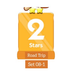 May include: A rectangular orange digital badge featuring a large white number 2, two yellow stars at the top, and the text "Stars" below the number. Below this, two brown rectangular labels display the white text "Road Trip" and "Set 08-1".