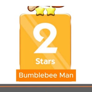May include: A rectangular yellow card featuring a large white number 2, two yellow stars at the top, and the text Stars below the number. A separate orange rectangular label at the bottom displays the white text Bumblebee Man in a sans-serif font.