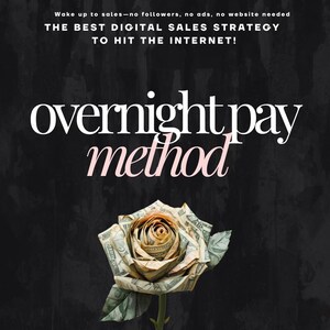 May include: A dark background with the words "overnight pay method". A rose made from dollar bills is at the bottom. The text "Wake up to sales - no followers, no ads, no website needed. The best digital sales strategy to hit the internet!" is at the top.