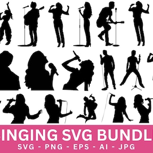 May include: A collection of black silhouette figures of people singing into microphones, some with guitars. The image includes the text "SINGING SVG BUNDLE" with file type information: SVG, PNG, EPS, AI, JPG.