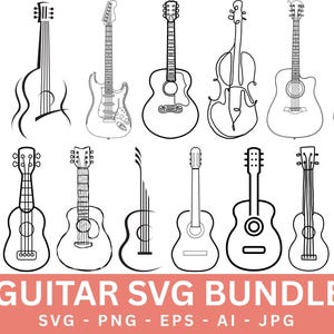 Könnte beinhalten: Eine Sammlung von schwarz-weißen Gitarrenillustrationen in verschiedenen Stilen, darunter Akustik-, E- und klassische Gitarren. Der Text "GUITAR SVG BUNDLE" wird auf einem korallenfarbenen Banner mit Dateityp-Informationen angezeigt.