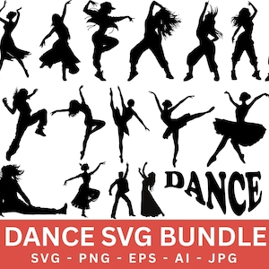 Puede incluir: Una colección de bailarines de silueta negra en varias poses, incluidos estilos de ballet y hip-hop. La palabra "DANCE" se muestra en negrita. El texto "DANCE SVG BUNDLE" se muestra en un banner rojo, junto con opciones de tipo de archivo.
