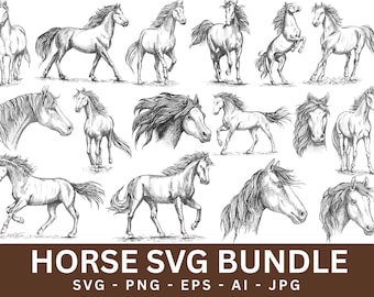 Paquete SVG de caballos: imágenes prediseñadas de silueta, gráficos vectoriales (descarga digital)