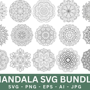 May include: A collection of fifteen black and white mandala designs. Each mandala features intricate patterns and symmetrical floral or geometric shapes. The image includes the text "MANDALA SVG BUNDLE" with file format options.