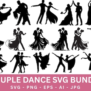 Puede incluir: Colección de ilustraciones de siluetas negras de parejas bailando. La imagen muestra parejas con vestimenta formal, con vestidos fluidos y trajes. El texto en la parte inferior dice "COUPLE DANCE SVG BUNDLE".