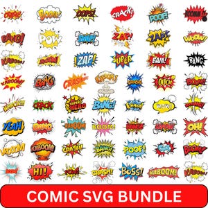 May include: A collection of colorful comic book sound effects in various shapes and sizes. Words like "BOOM!", "POW!", and "CRASH!" are displayed in bold, dynamic fonts. The text "COMIC SVG BUNDLE" is at the bottom.
