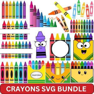Puede incluir: Un colorido paquete SVG de crayones con varios diseños de crayones, incluyendo crayones individuales, cajas de crayones y un personaje de crayón morado sonriente. La imagen incluye el texto "CRAYONS SVG BUNDLE" en una pancarta roja.