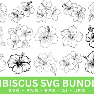 May include: A collection of black and white hibiscus flower illustrations. The image features various arrangements of the tropical flowers, including single blooms and clusters, with detailed line art. The bottom of the image has the text "HIBISCUS SVG BUNDLE".