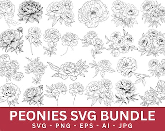 Peonies SVG Bundle, Floral Tattoo Design, Wedding Flowers (Digital File)