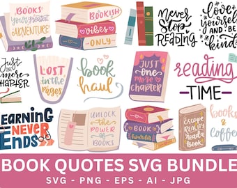 Book Lover SVG Bundle, Reading Quotes, Library Designs (Digital Download)