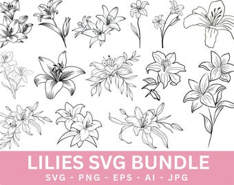 Lily Flower SVG,hand drawn lily monogram,Botanical Cut File,Lilies Bouquet Svg,floral svg,Lily Flower Silhouette,Svg Files For Cricut,Ai,Eps