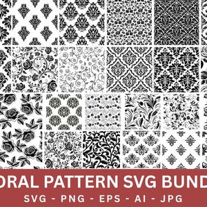 Op de afbeelding: Een verzameling zwart-witte bloempatronen, waaronder rozen, damast en andere botanische ontwerpen. De afbeelding toont een verscheidenheid aan herhalende patronen die geschikt zijn voor digitale ontwerpprojecten. De tekst onderaan luidt "FLORAL PATTERN SVG BUNDLE" met bestandstype-opties.