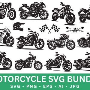 May include: A selection of black and white motorcycle illustrations in diverse styles, including cruisers, sport bikes, and choppers. The image also features a motorcycle helmet, handlebars, and chequered flags. The text "MOTORCYCLE SVG BUNDLE" is displayed at the bottom.