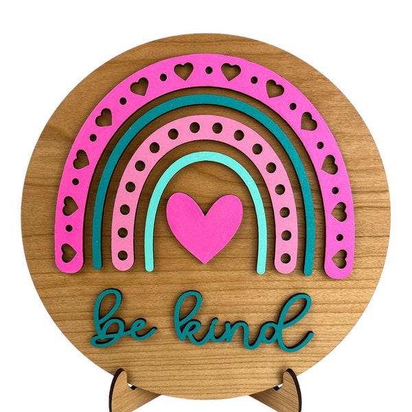 Be Kind Rainbow Sign - Round Sign - Tabletop Sign - Countertop Sign - Sign with Stand - Pink and Turquoise