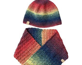Crochet Beanie and Twisted Cowl - Autumn Rainbow (Medium to Large Adult Size)
