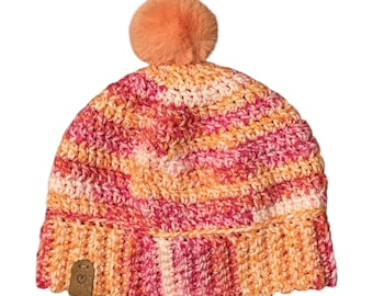 Crochet Beanie - Crochet Hat - Orange Marmalade with Poof Ball (Medium to Large Adult Size)