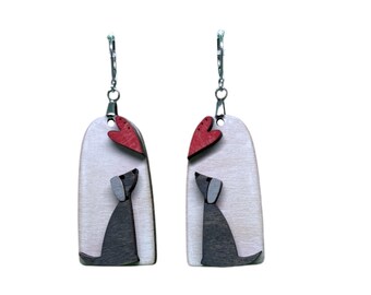 Gray Dog with Heart Earrings - Wood Earrings - Leverback Earrings