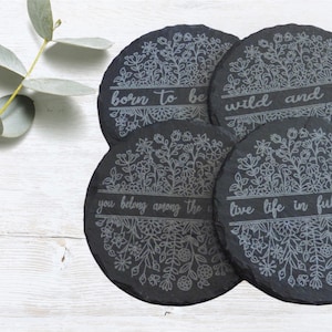Engraved Slate Coasters (4&quot; Round) - Wildflowers - Set of Four