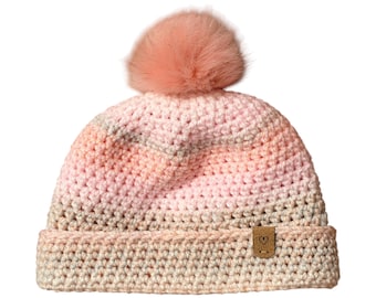 Crochet Beanie with Faux Fur Pom Pom - Crochet Hat - Soft Blush  (Medium to Large Adult Size)