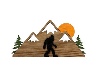 Mountains with Bigfoot Magnet - Mountains with Sasquatch Magnet - Wood Magnet