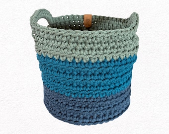 Peacock Crochet Basket with Handles and Wood Bottom Insert - Made with Cotton Macrame Cord