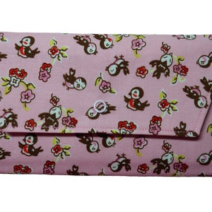 LIQUIDAÇÃO!! Carteira de tecido - Pássaros e Flores Retrô (tamanho normal, compartimentos para cartões, fecho de pressão, porta-moedas, cabe celular) (rosa, marrom, vermelho)