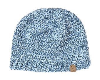 Crochet Beanie - Crochet Hat - Blue & White Marled (Large Adult Size)